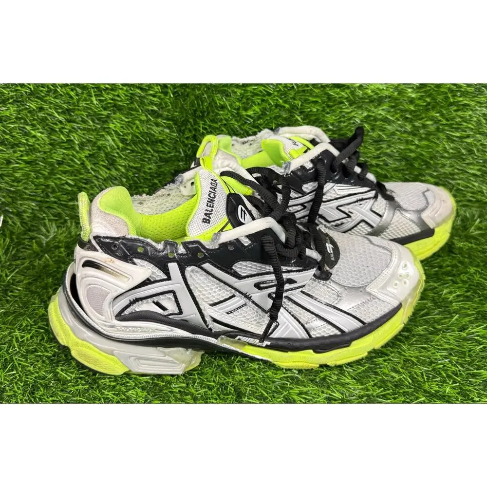 Balenciaga Runner Sneaker White Black Fluo Neon Yellow Distressed Mens sz 10